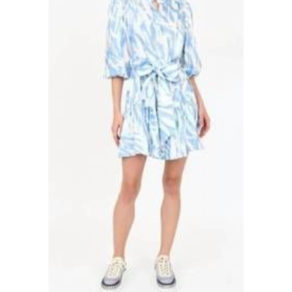 CHRISTY LYNN Rianne Blue Feather Silk Button Front Tiered Ruffle Dress Medium